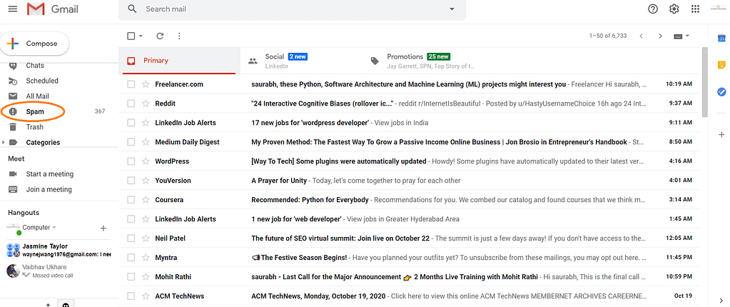 Where is the spam folder in Gmail