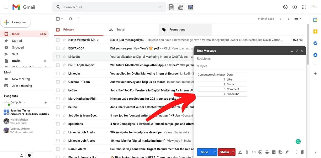 how to create table in gmail